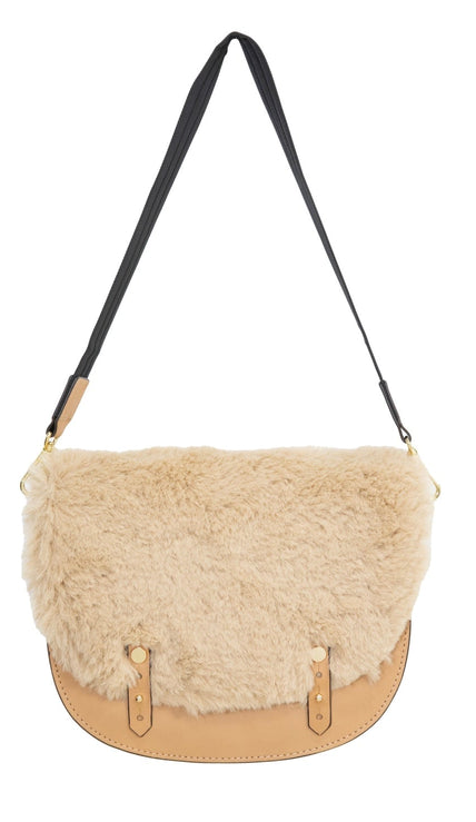 Beige fur bag with a black strap on a white background