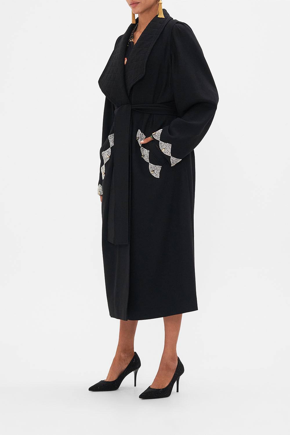 Quilted Collar Wool Coat With Vest Detail