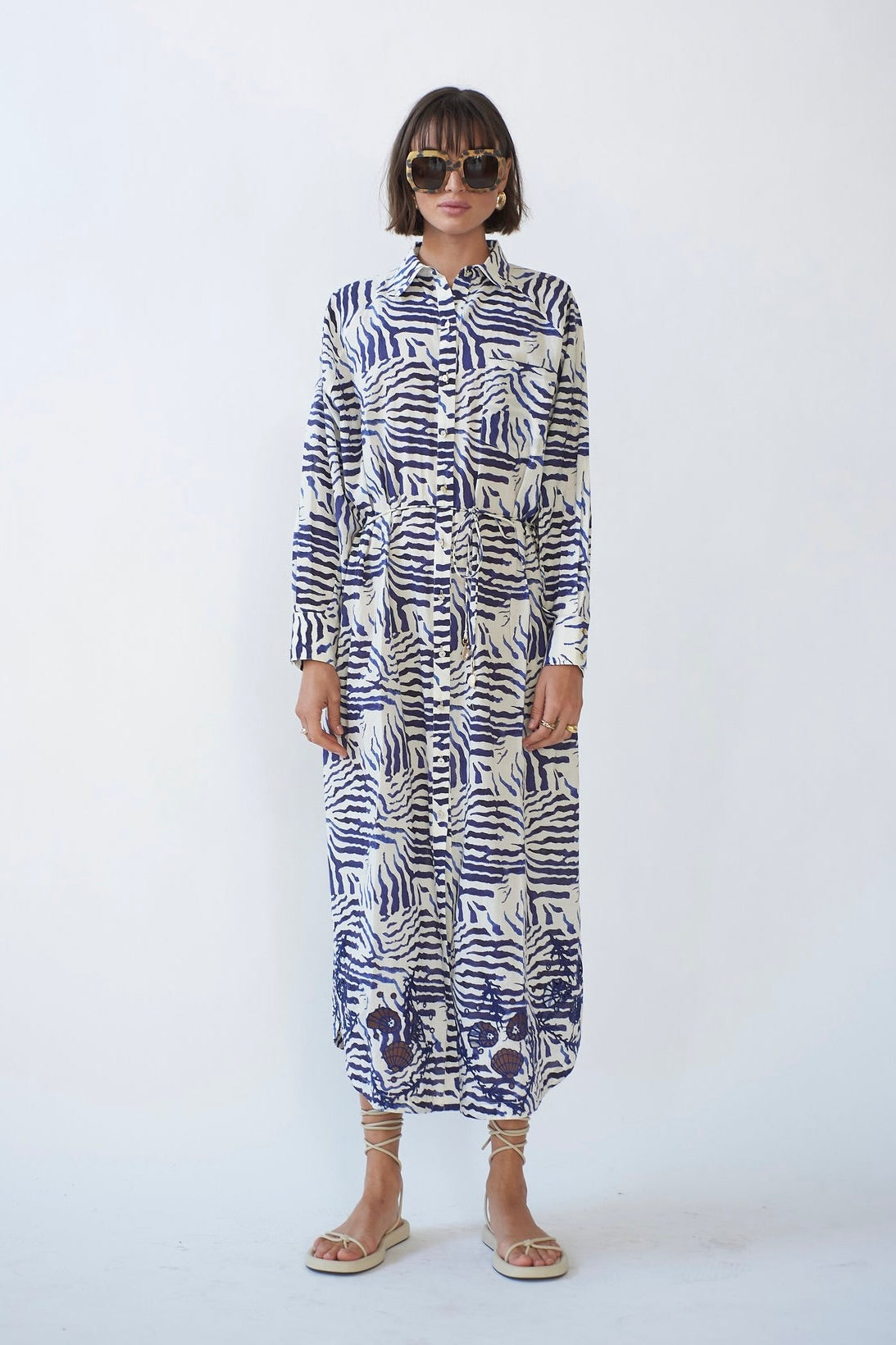 Belted Cotton Abstract Navy Dress