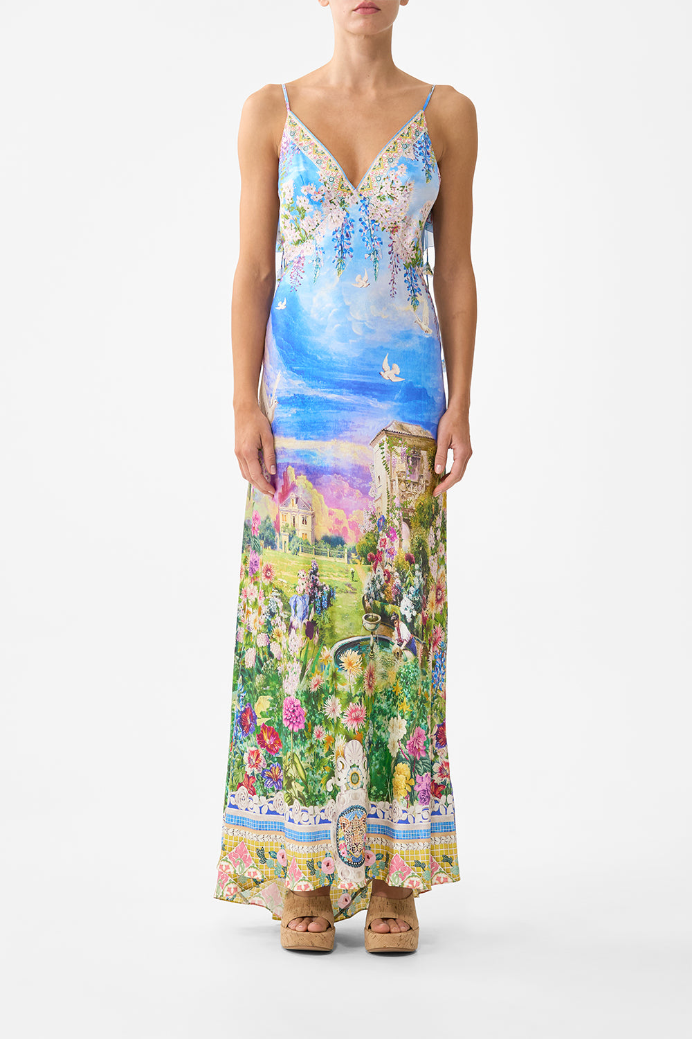 V Neck Bias Slip Dress With Back Frill - Navas Nouveau