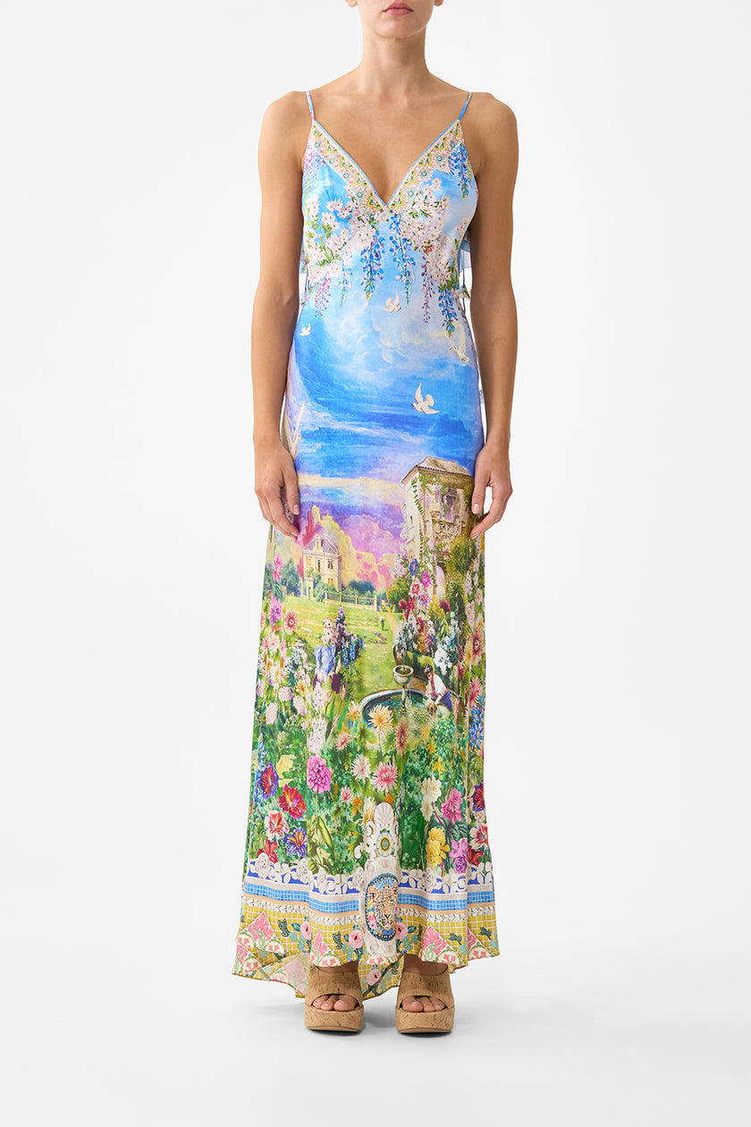 V Neck Bias Slip Dress With Back Frill - Navas Nouveau