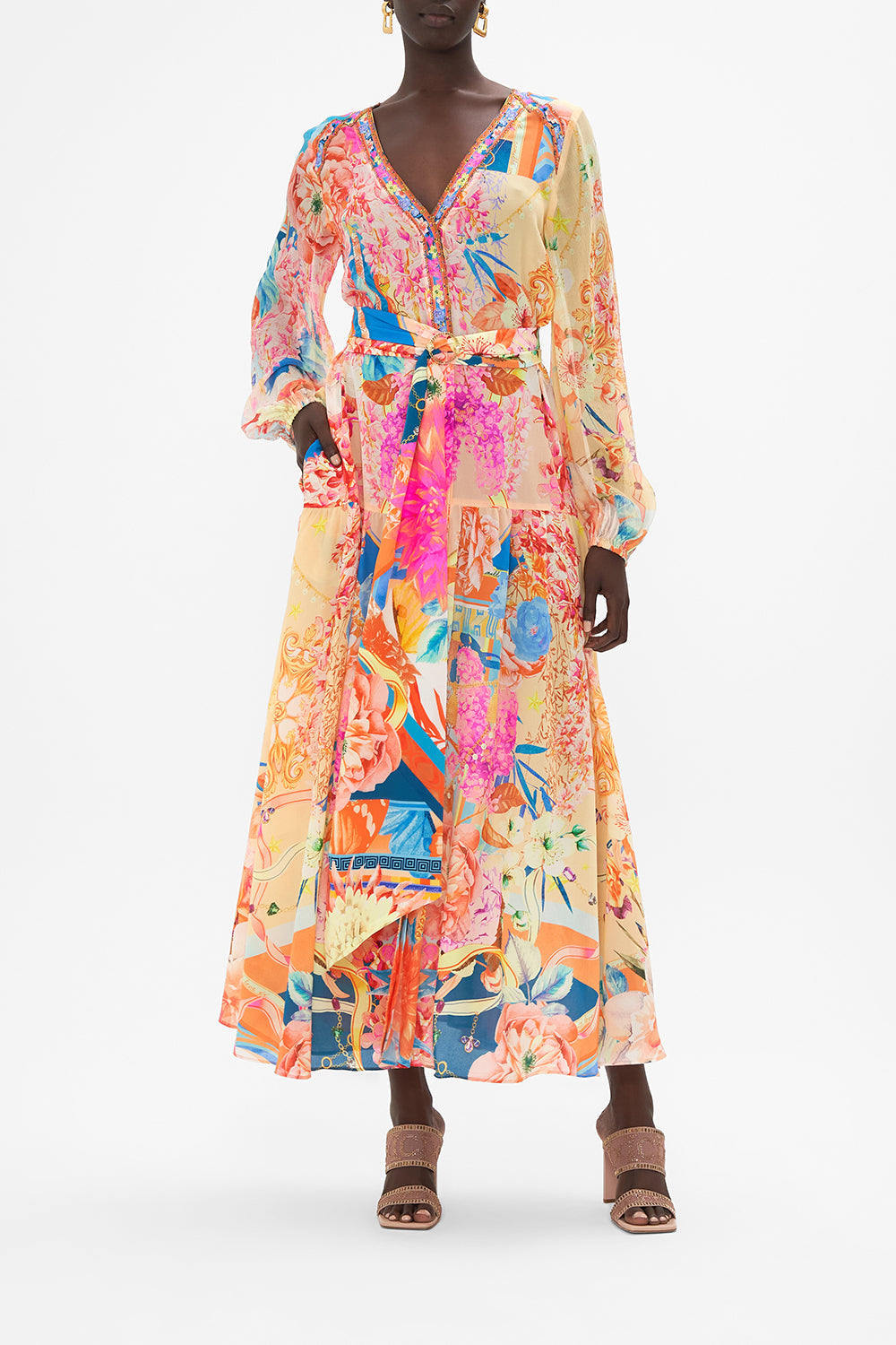 V Neck Dress With Belt - Meet Me In The Garden
