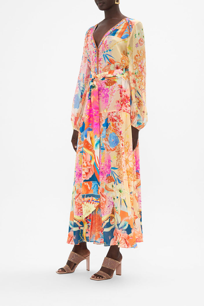 V Neck Dress With Belt - Meet Me In The Garden