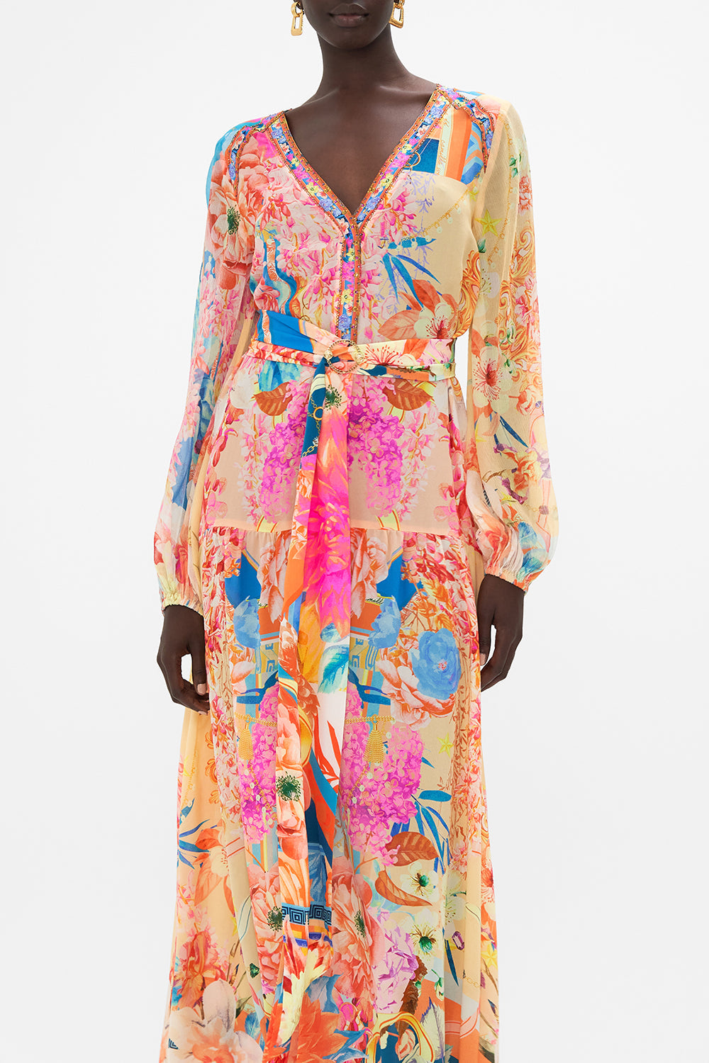 V Neck Dress With Belt - Meet Me In The Garden