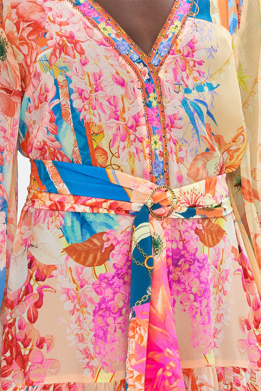 V Neck Dress With Belt - Meet Me In The Garden