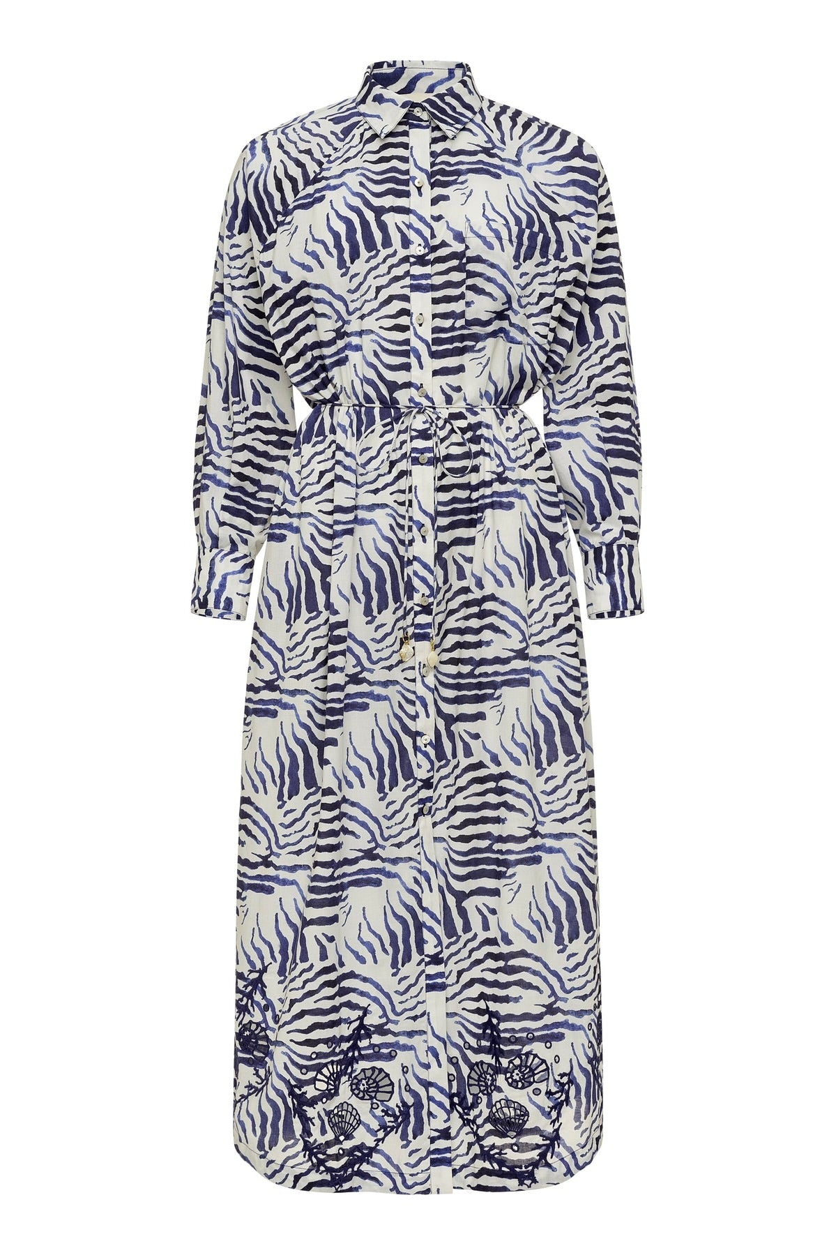 Belted Cotton Abstract Navy Dress