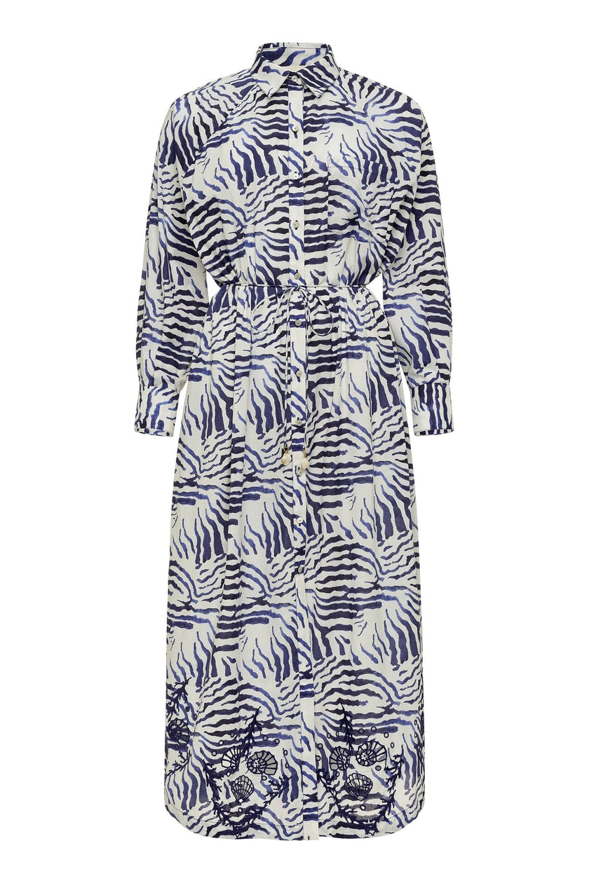 Belted Cotton Abstract Navy Dress