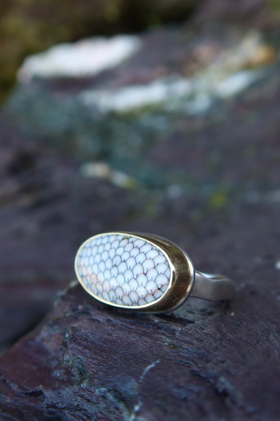 14k Oval Snakeskin Agate Ring - Size 7