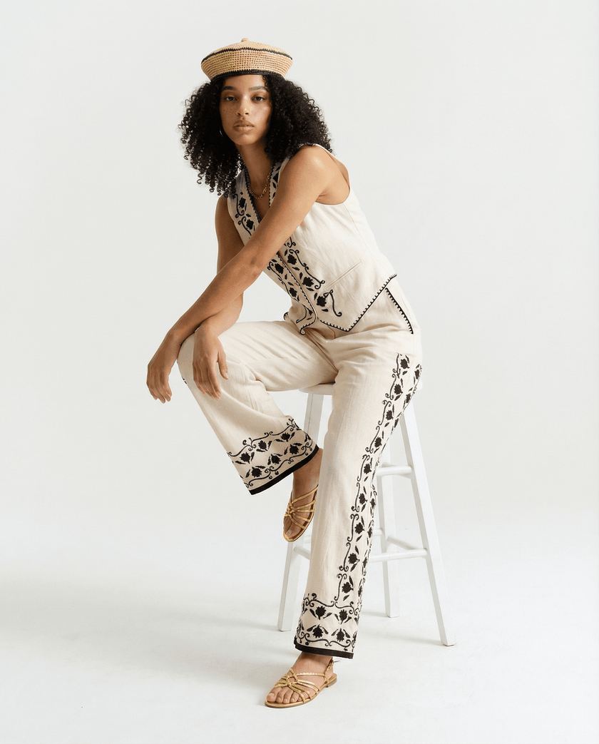 Cotton With Black Embroidery Trouser