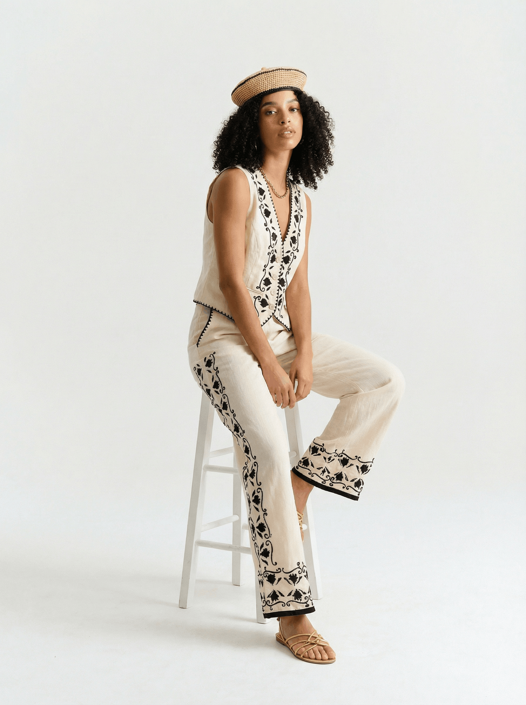 Cotton With Black Embroidery Trouser