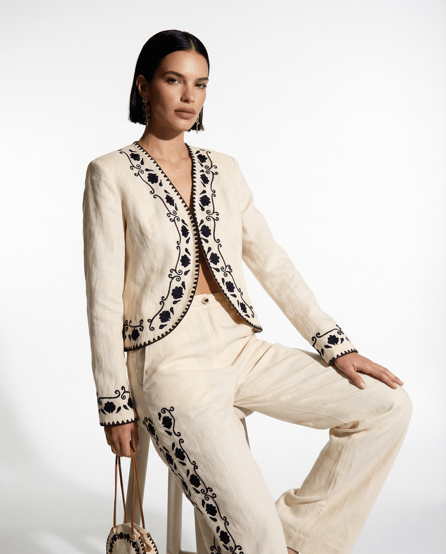 Cotton Blazer With Black Embroidery