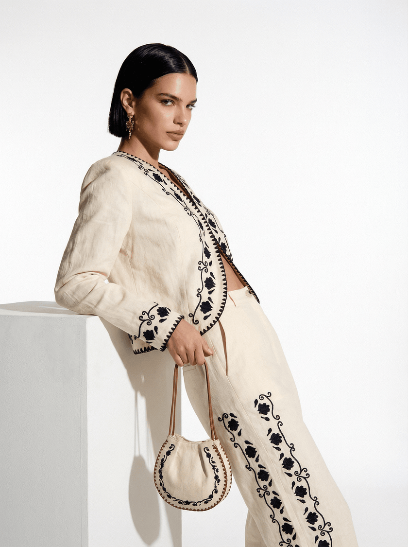 Cotton Blazer With Black Embroidery