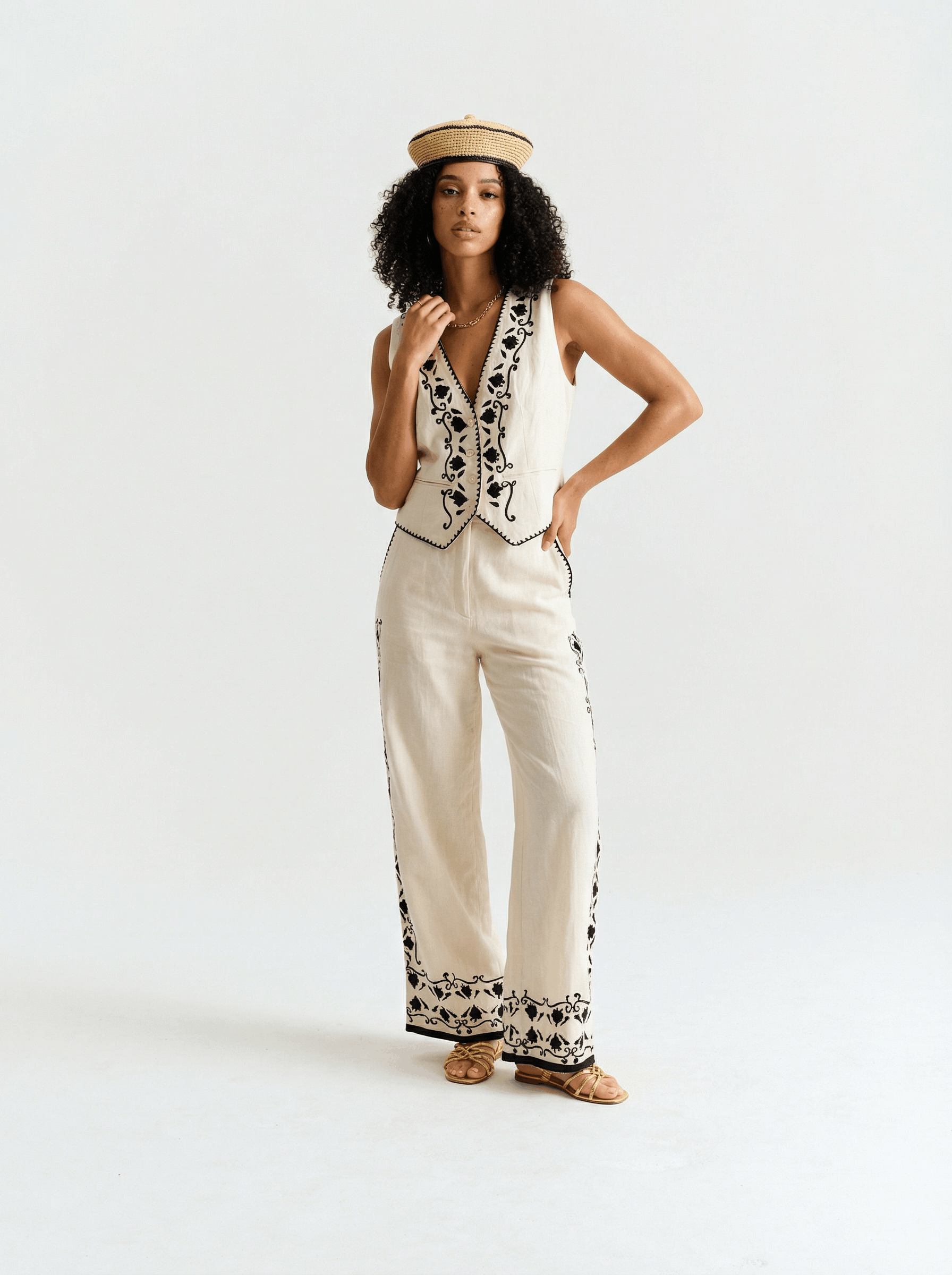 Cotton With Black Embroidery Trouser