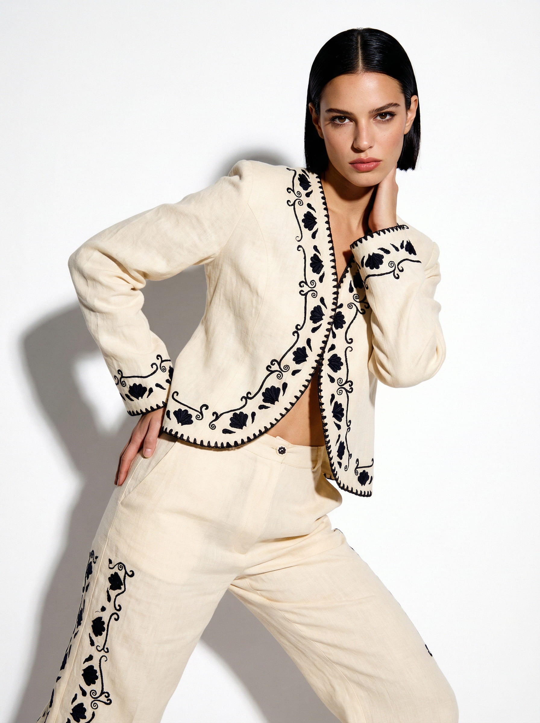 Cotton Blazer With Black Embroidery