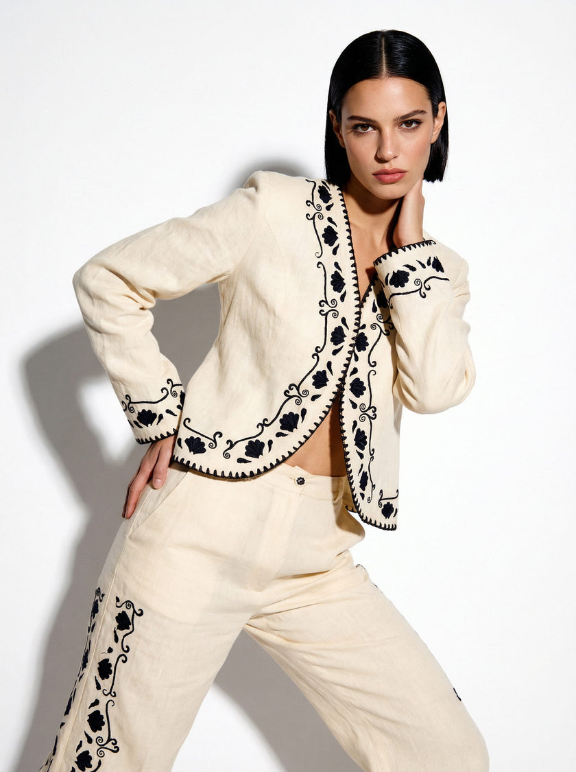 Cotton Blazer With Black Embroidery