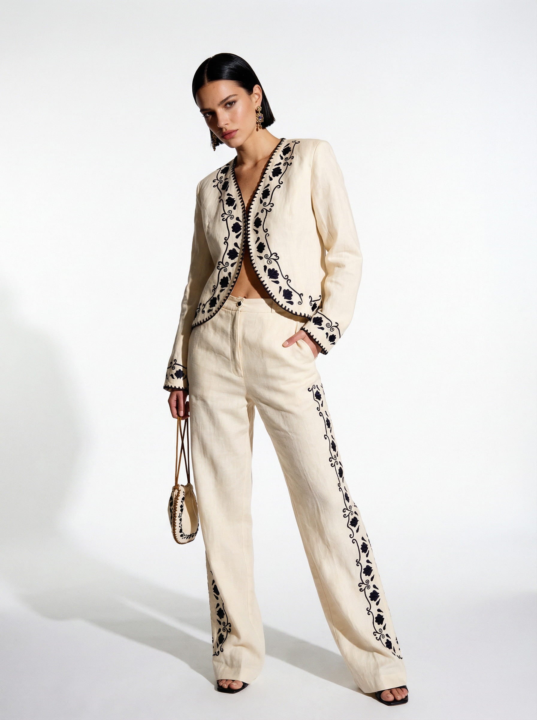 Cotton Blazer With Black Embroidery