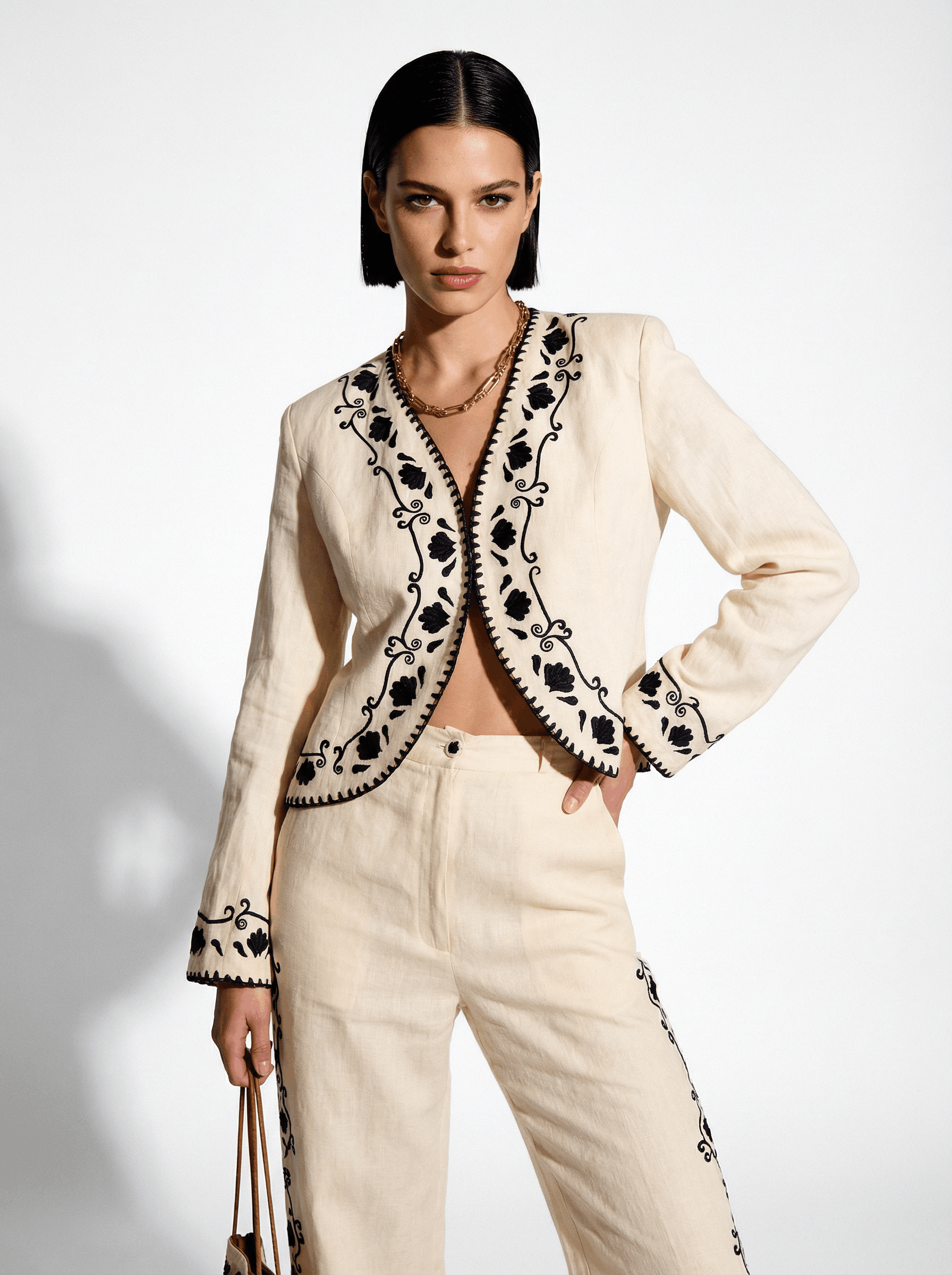 Cotton Blazer With Black Embroidery