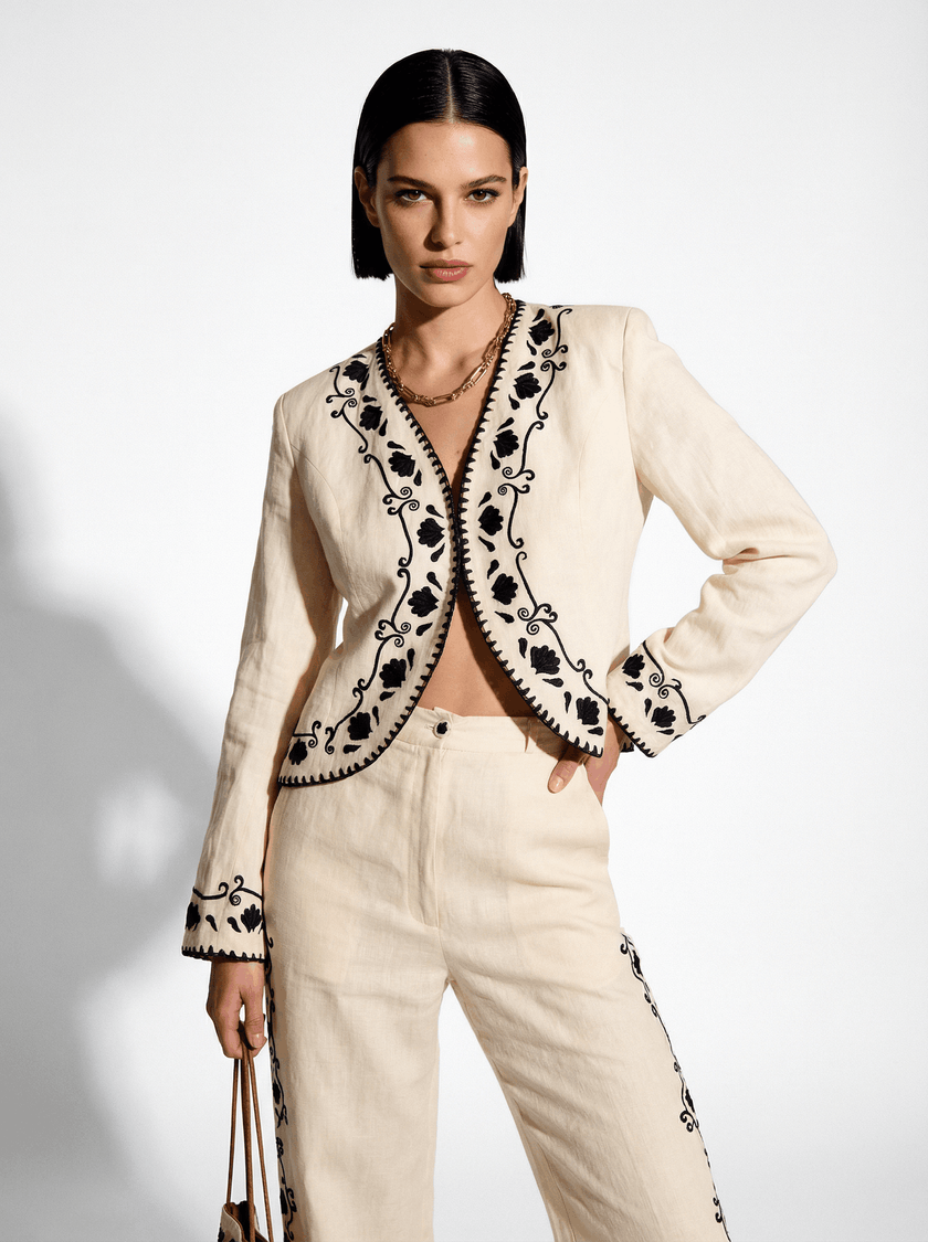 Cotton Blazer With Black Embroidery