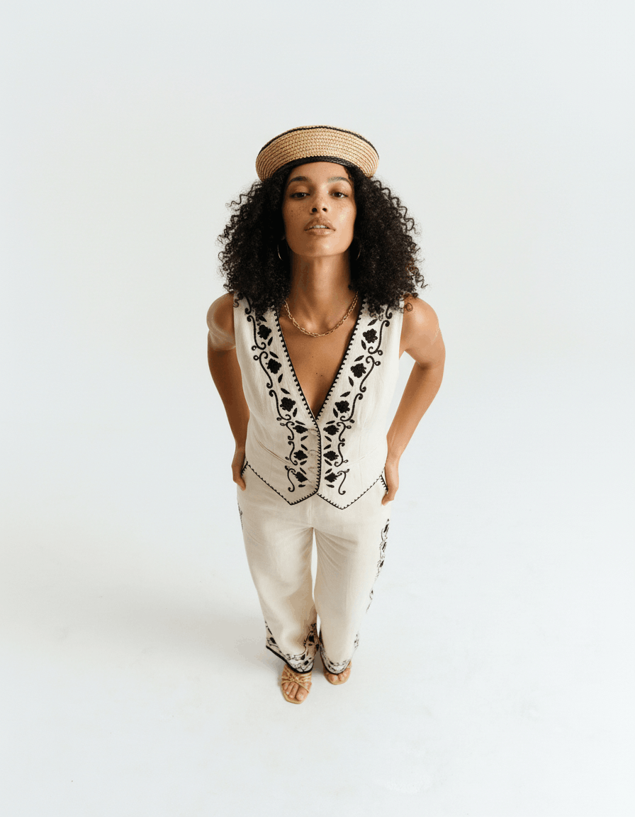 Cotton With Black Embroidery Trouser