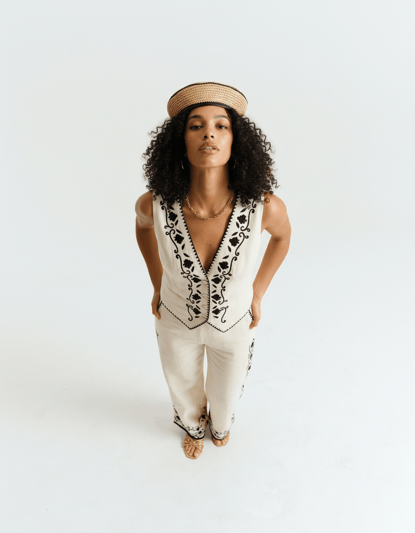 Cotton With Black Embroidery Trouser