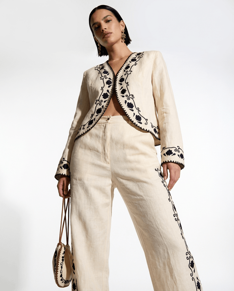 Cotton Blazer With Black Embroidery