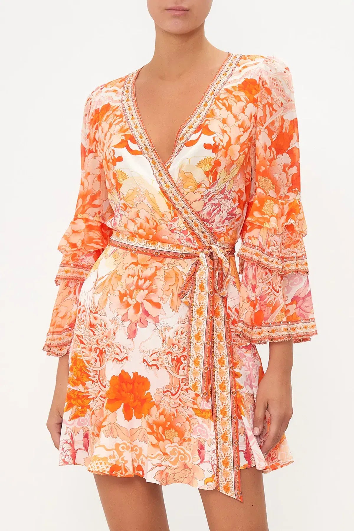 Short Wrap Dress With Ruffle Sleeve - Dragon Mother