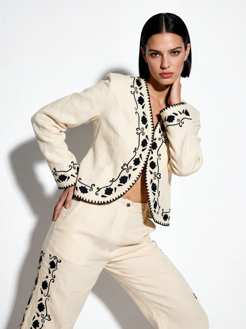 Cotton Blazer With Black Embroidery